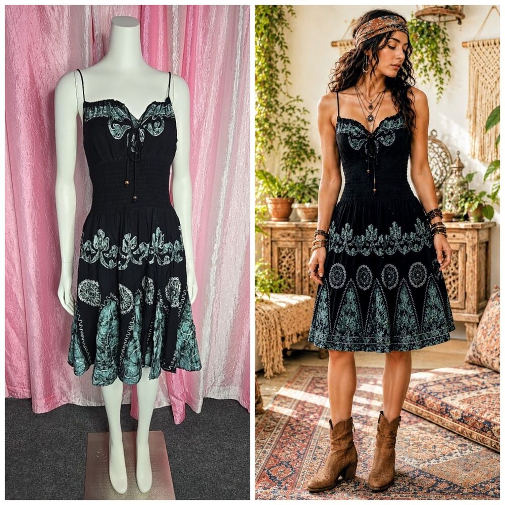 Bohemian Style Black Embroidered Smocked Fit & Flare Dress Size Small